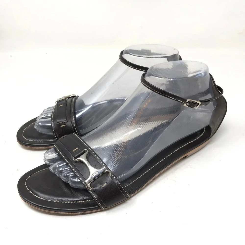 Tods Womens 38 Sandals Black Leather Ankle Strap Silver T-Bar Hardware Flat